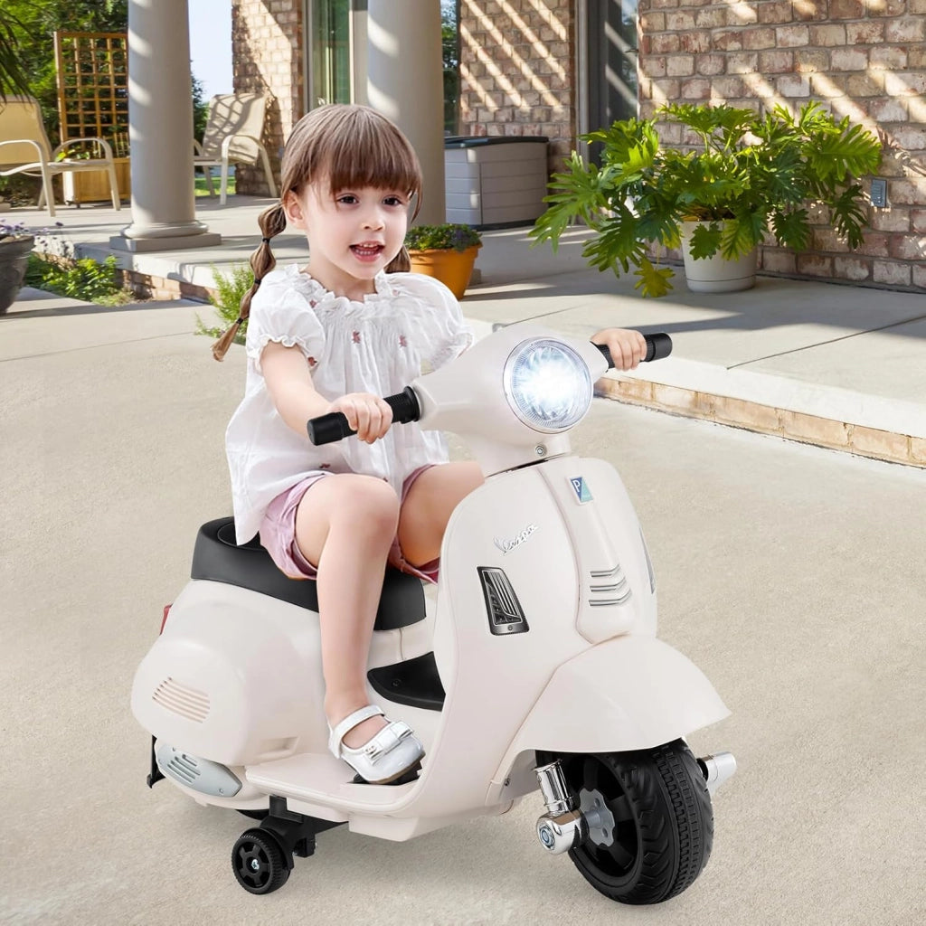 Moto Elettrica per Bambini, 6V Mini Moto per Bambini 18-36 Mesi, con Licenza Ufficiale Vespa, con Luci a LED e Suoni di Clacson, Portata 25 kg, 2 Ruote di Allenamento, 2,5 km/h (Bianco)