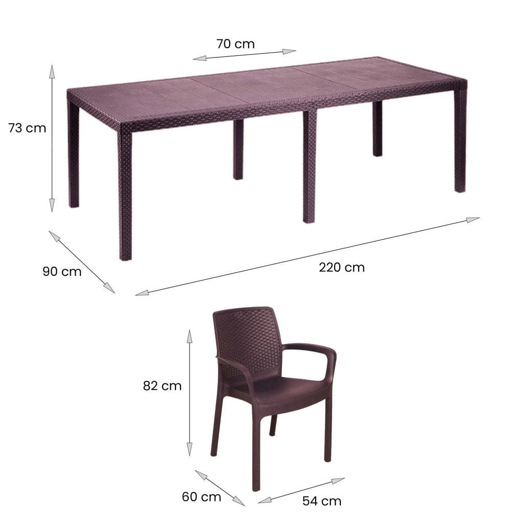 Set tavolo e sedie Arret, Ripiano rettangolare allungabile da esterno con 4 sedie incluse, Tavolo e sedute da giardino effetto rattan, 100% Made in Italy, Marrone
