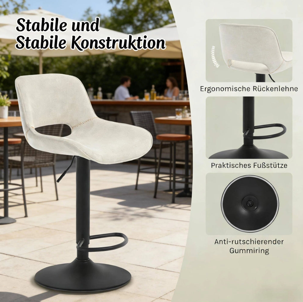 Set di 2 sgabelli da bar beige in lino con schienale girevoli e altezza regolabile 58-80 cm