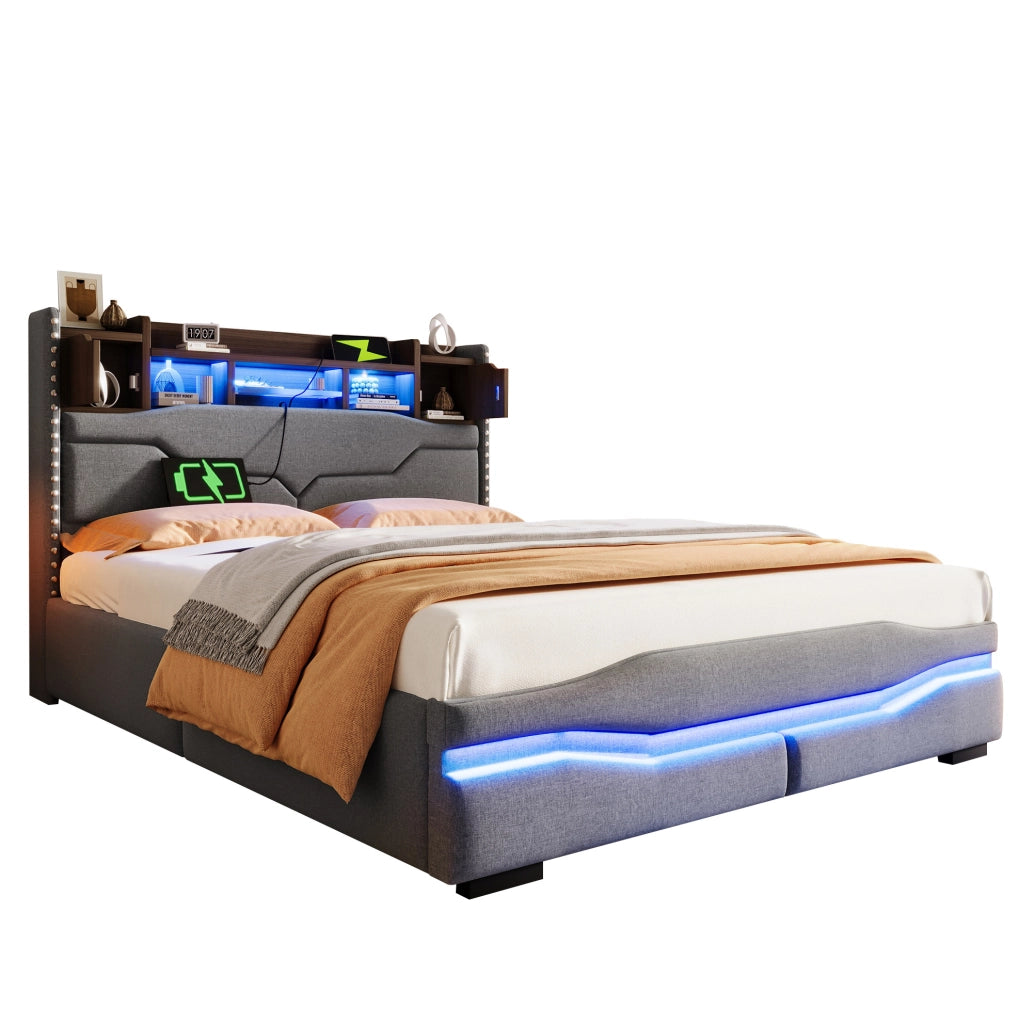 Letto imbottito ULEVR 140x200 cm con contenitore idraulico, LED RGB e prese USB/Type-C, grigio