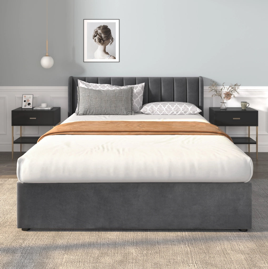 Letto matrimoniale in velluto grigio 140x200 cm con 2 cassetti e rete a doghe