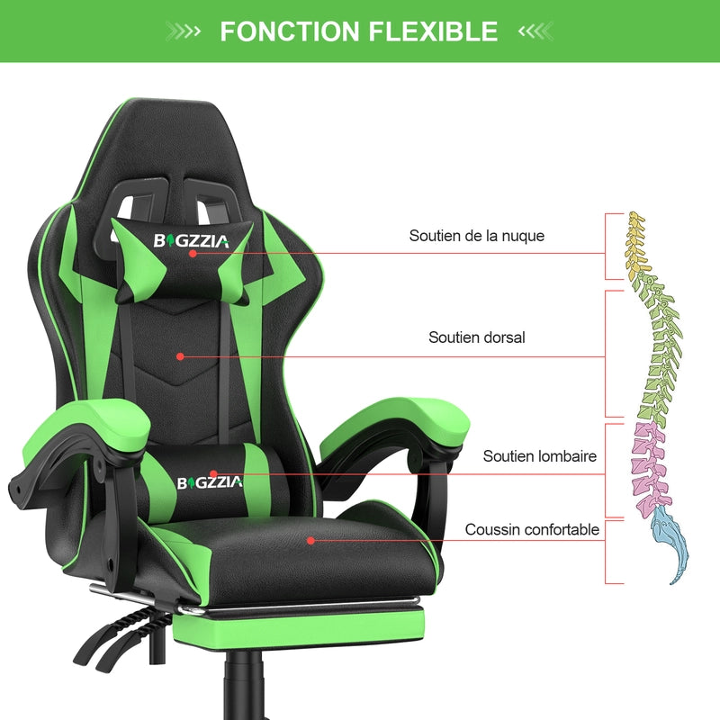 Sedia da gioco,  Sedia da gioco ergonomica in pelle PU, regolabile in altezza, con poggiatesta e supporto lombare, poggiapiedi,Nero Verde
