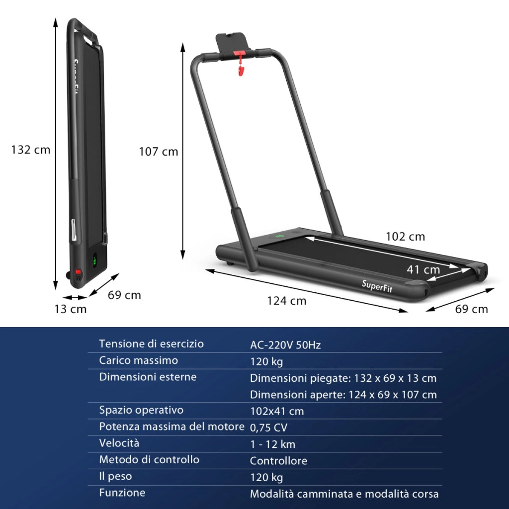 Tapis roulant pieghevole 2 in 1 con APP telecomando, Tapis roulant da 2,25HP con altoparlante display LED Nero-Tapis roulant