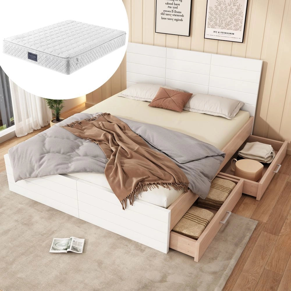 Letto matrimoniale con materasso - Xylo - 140x200 cm - Bianco - Con 2 cassetti e rete a doghe