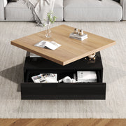 Tavolino basso con piano girevole a 360° e vano contenitore, per soggiorno, in truciolare, noce e nero, 70 × 70 × 36 cm