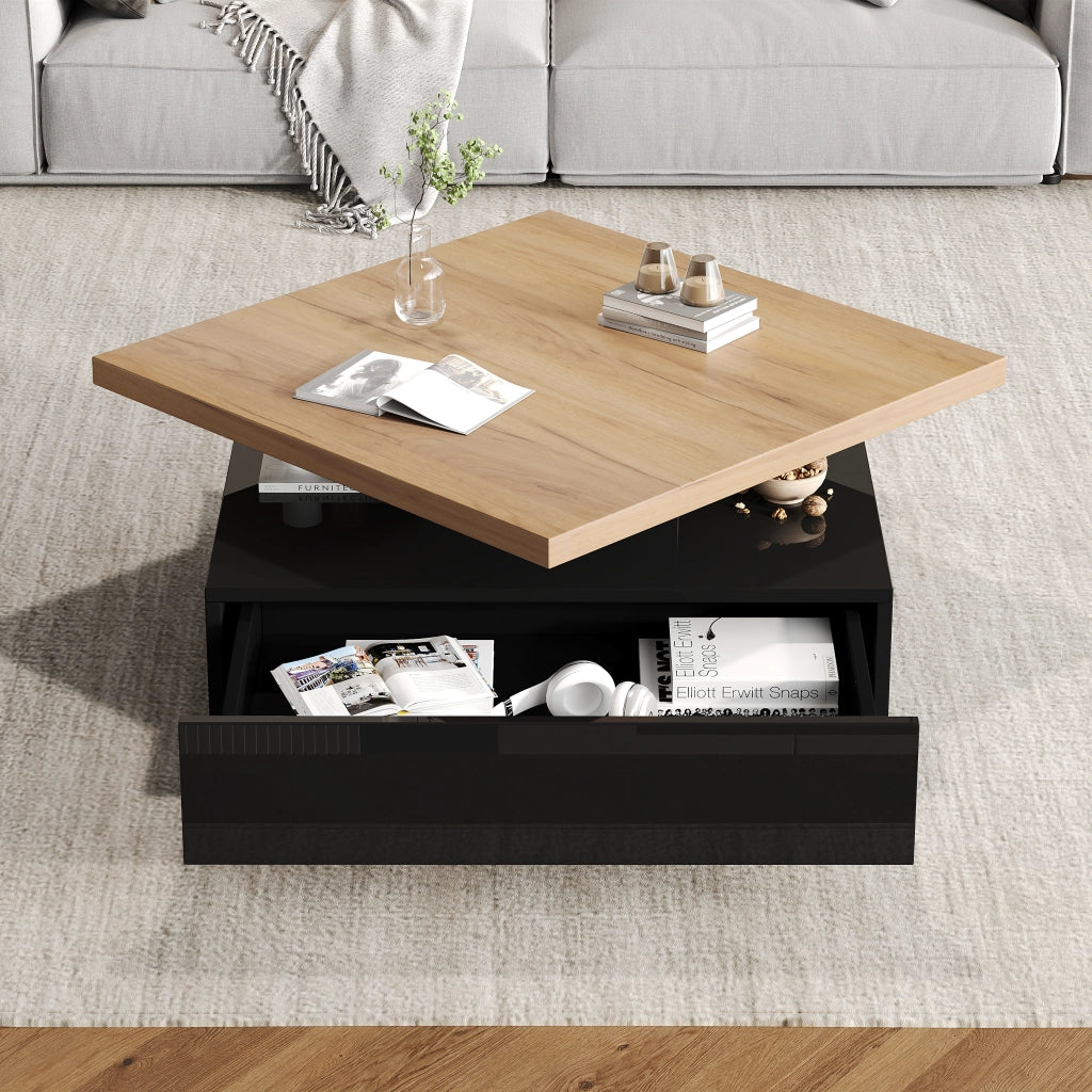 Tavolino basso con piano girevole a 360° e vano contenitore, per soggiorno, in truciolare, noce e nero, 70 × 70 × 36 cm