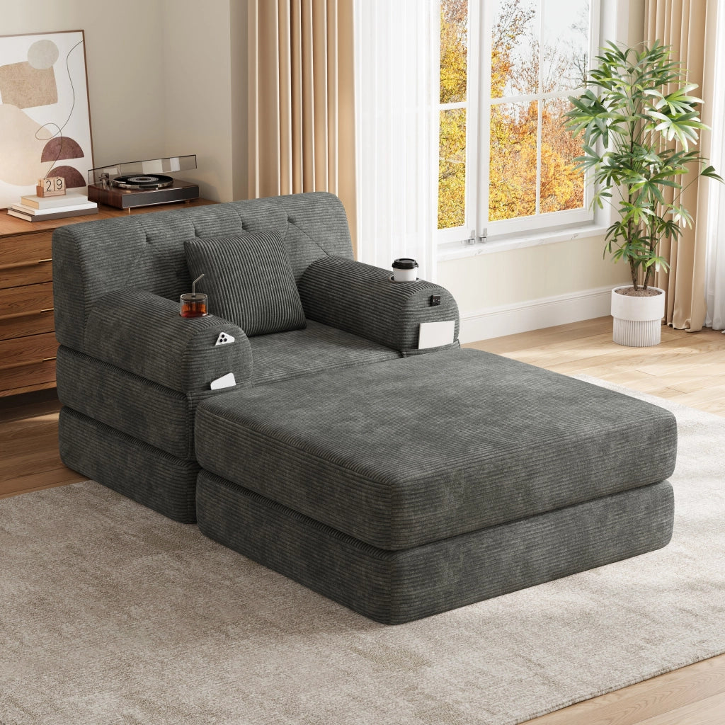 Divano letto in velluto a coste con schienale alto, tasche laterali e portabicchieri, grigio scuro 107 × 162 × 81 cm