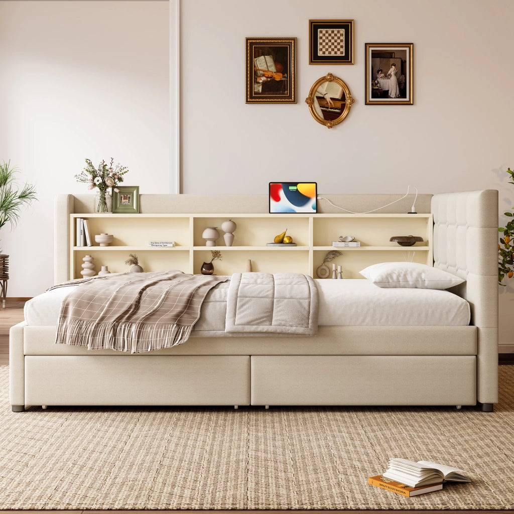 OKWISH Letto Divano 90×200 cm, Letto Singolo con 2 Cassetti, USB, Tipo C e Mensole, senza Materasso, in Lino, Beige