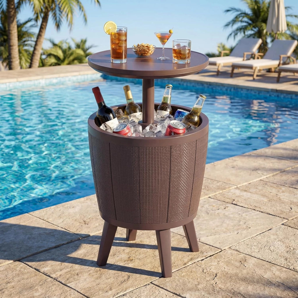 2 in 1 Tavolino Frigo 38L da Esterno, Secchiello Ghiaccio Regolabile in Altezza 49 x 59-84H cm, Tavolo Bar con Tappo di Drenaggio, per Piscina, Cortile e Campeggio (Marrone)