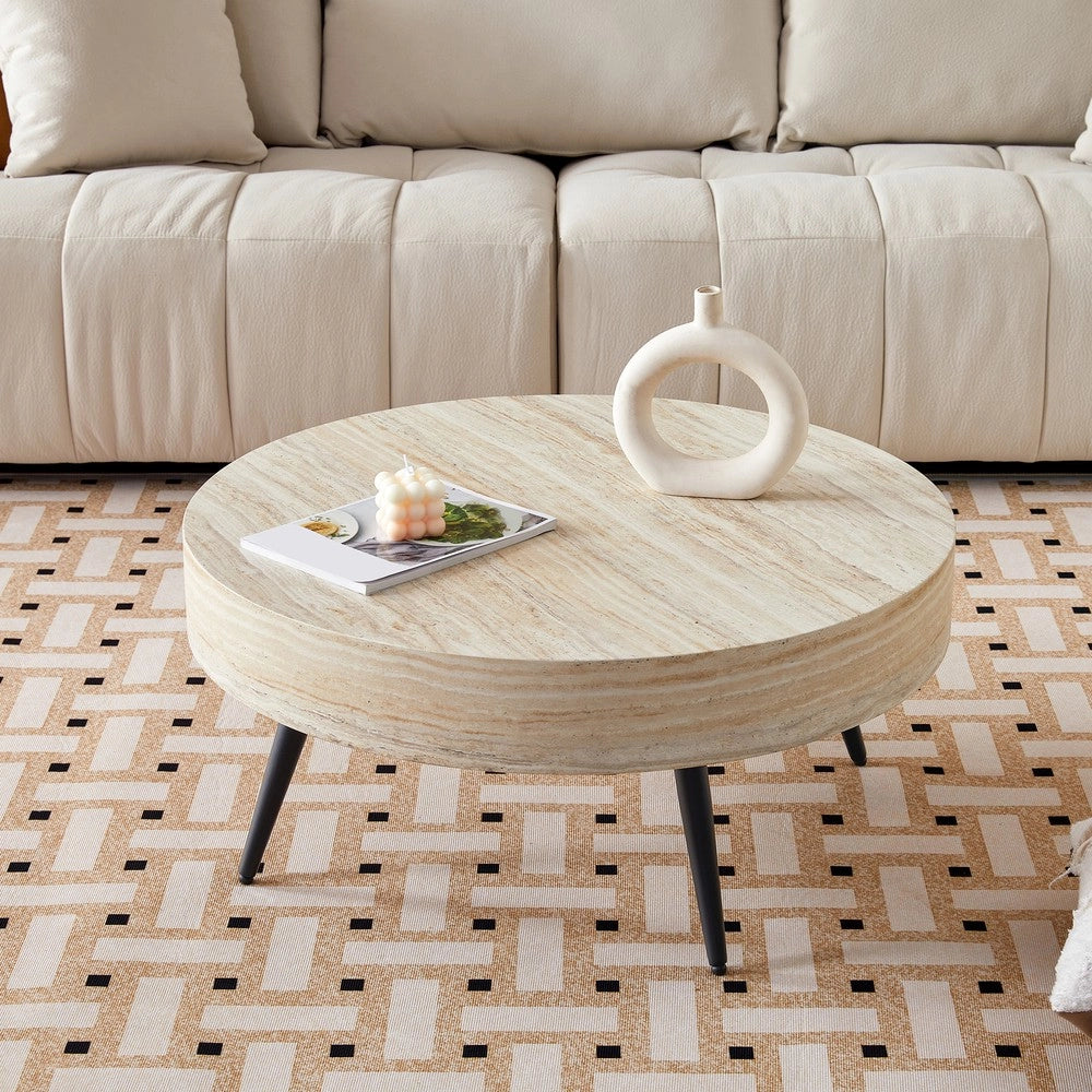 Tavolino da Caff¨¨ Rotondo ¨C Xylo ¨C MDF Effetto Travertino, Gambe in Metallo Nero, ?70 cm