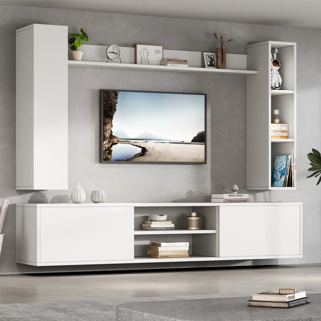 Mobile TV con 3 ante e 2 cassetti; sospeso o a terra - per soggiorno - bianco