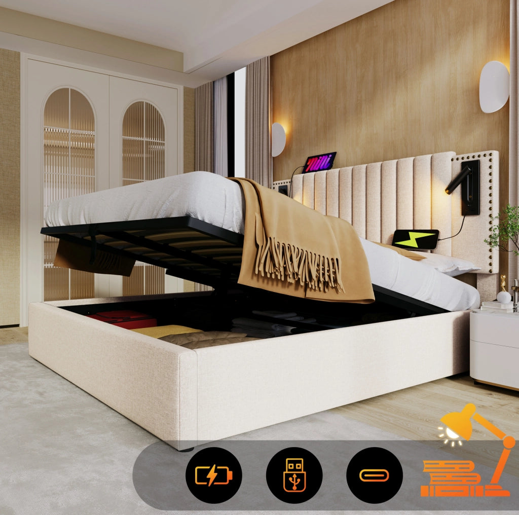 Letto matrimoniale 160x200 cm con contenitore; luce da lettura e USB; beige in cotone