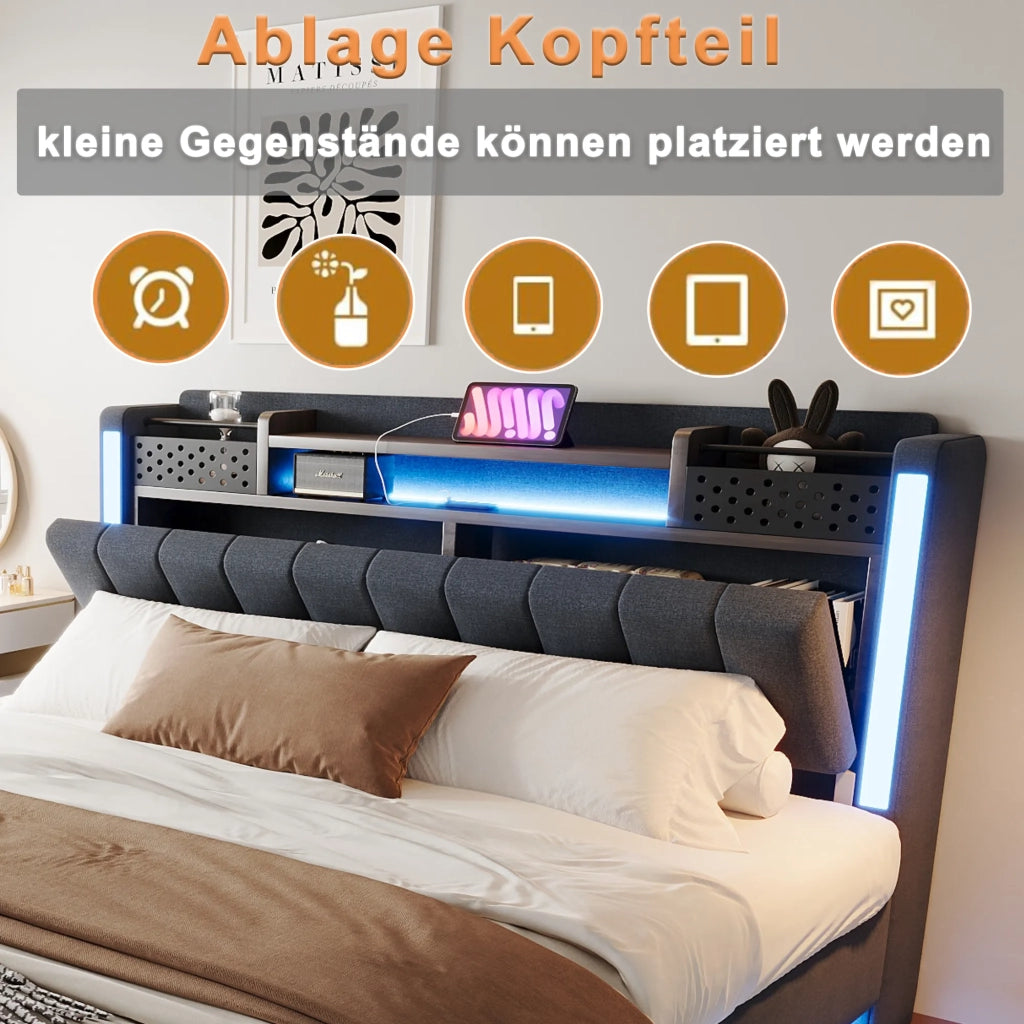 Letto matrimoniale imbottito 160x200 cm con LED; USB; testiera contenitore e rete; grigio