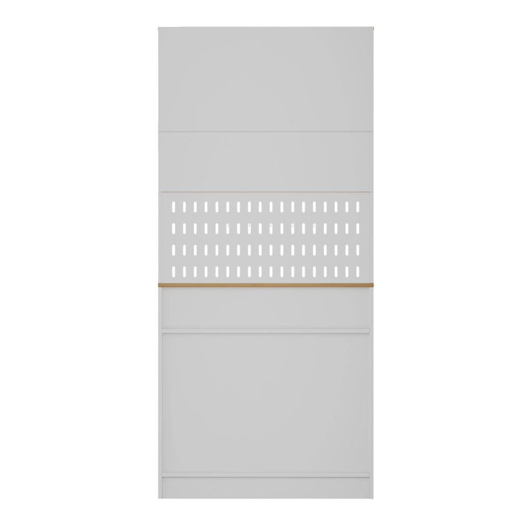Sideboard 80x40x175 cm con pannello forato e ante stile fienile in MDF e pannelli di particelle bianco e naturale