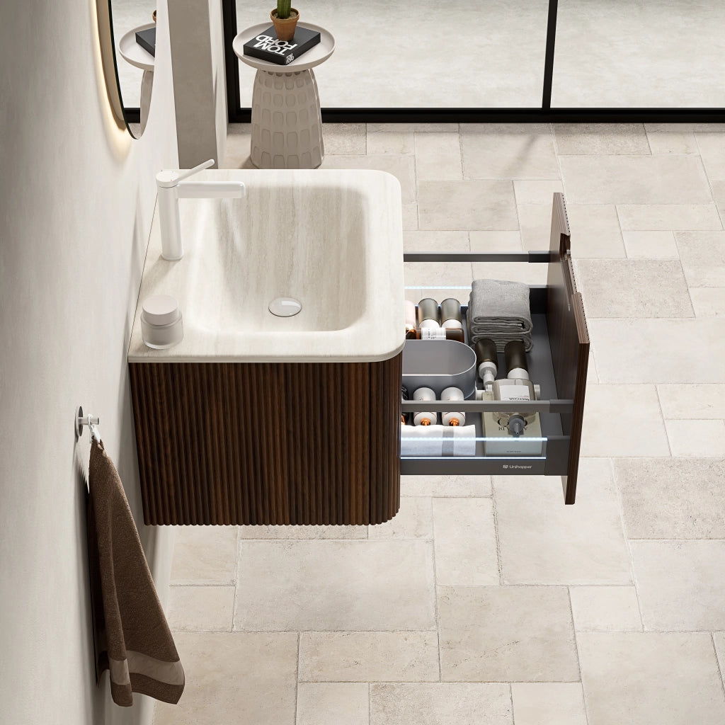MOBILE BAGNO con lavabo integrato in pietra sinterizzata Beige e Noce