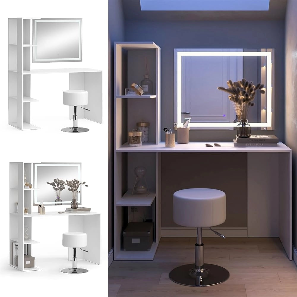 Vicco Tavolo da toilette Tower, Bianco, 122.2 cm con illuminazione e sgabello, Superfici decorative per profumi e oggetti preferiti