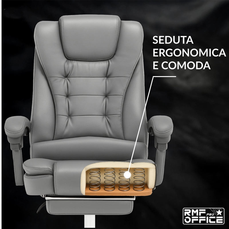 RMF Sedia Ufficio Ergonomica Professionale Reclinabile, Sedia Scrivania Seduta Comoda e Rilassante con Poggiapiedi - Poltrona Relax con Ruote Girevoli Altezza Regolabile Grigio