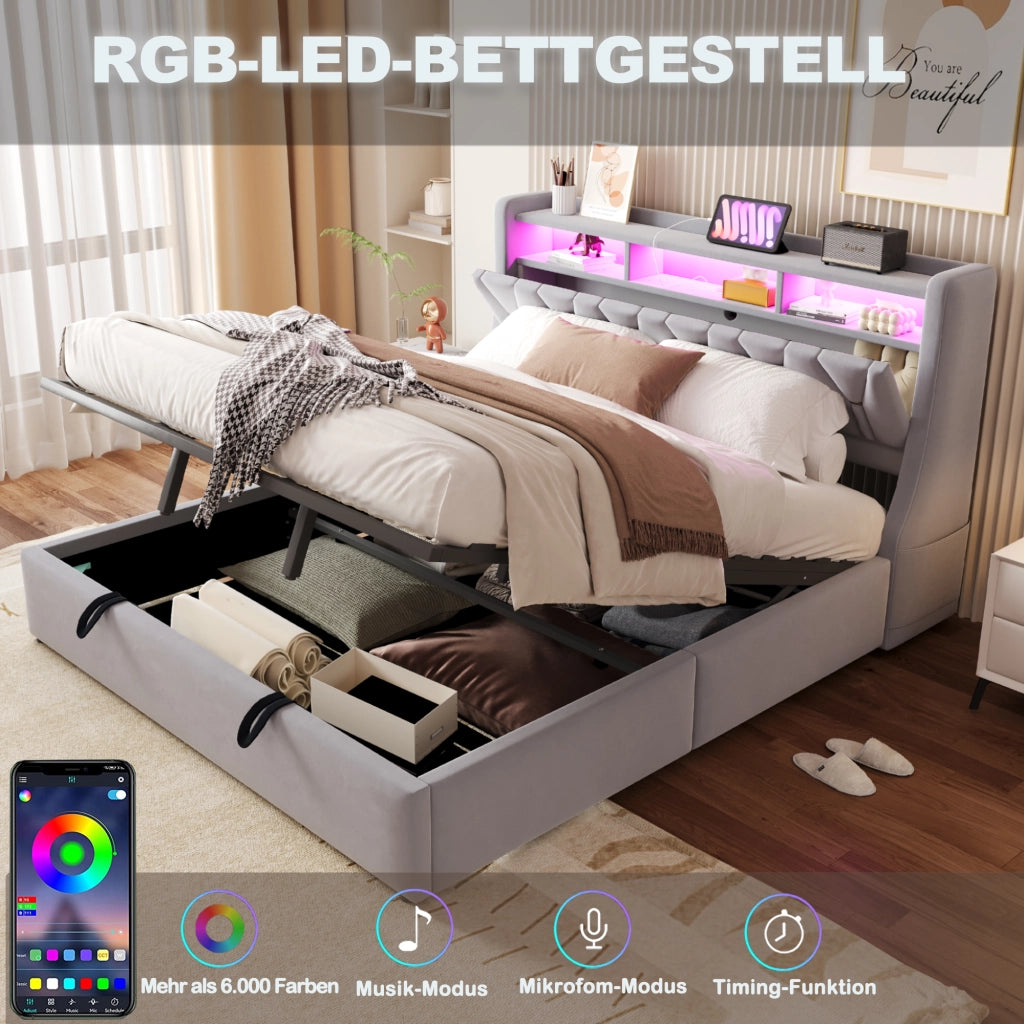 Letto matrimoniale contenitore 180x200 cm con testiera ribaltabile; prese; LED e piedi maggiorati; velluto grigio chiaro