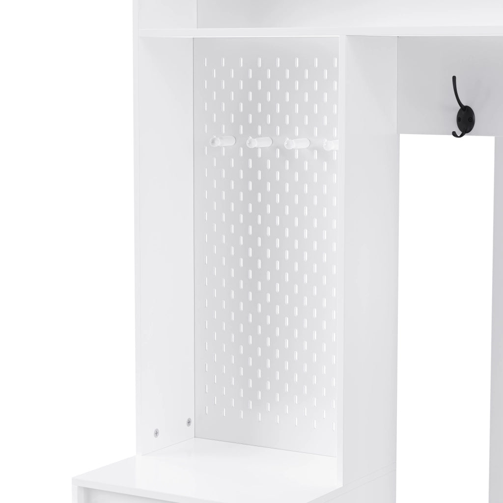 Mobile Ingresso con 1 Anta; 2 Cassetti; 4 Ganci e Panca; Pannello Forato; in MDF; 100??35??180 cm; Bianco