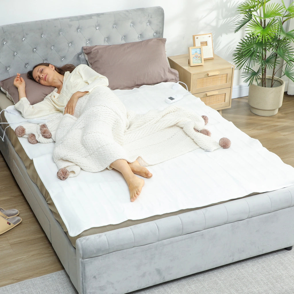 Coperta Elettrica 160x140 cm con 5 Livelli di Calore e 2 Zone di Controllo Indipendenti in Poliestere Bianco