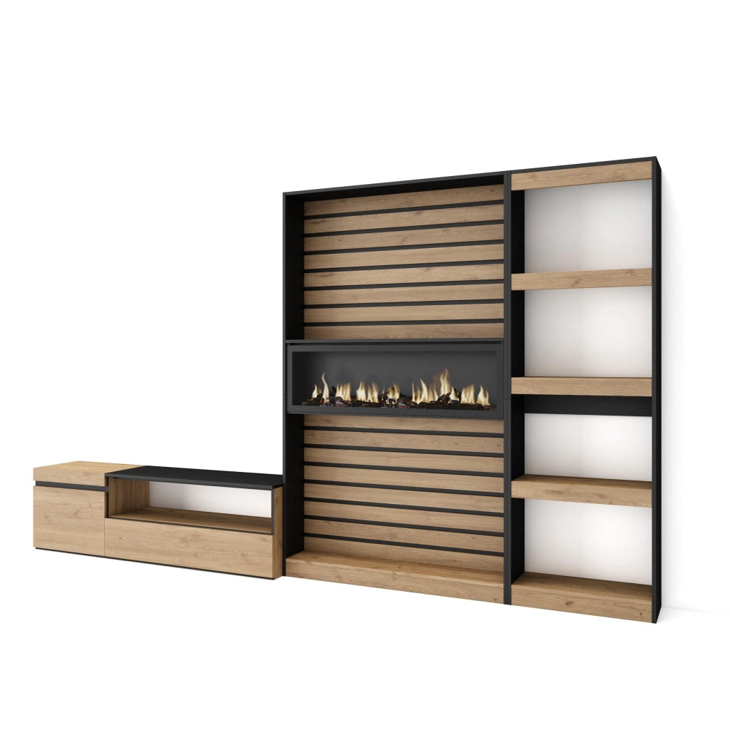 Mobile TV, Soggiorno, 320x35x186cm, Camino elettrico, colore Rovere e nero RF2600