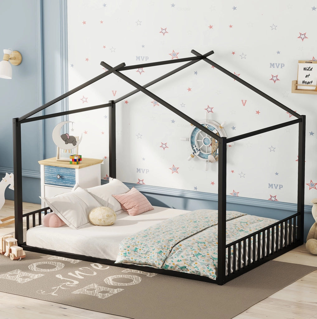 Letto bambino 140x200 cm a casetta; struttura robusta in metallo; nero