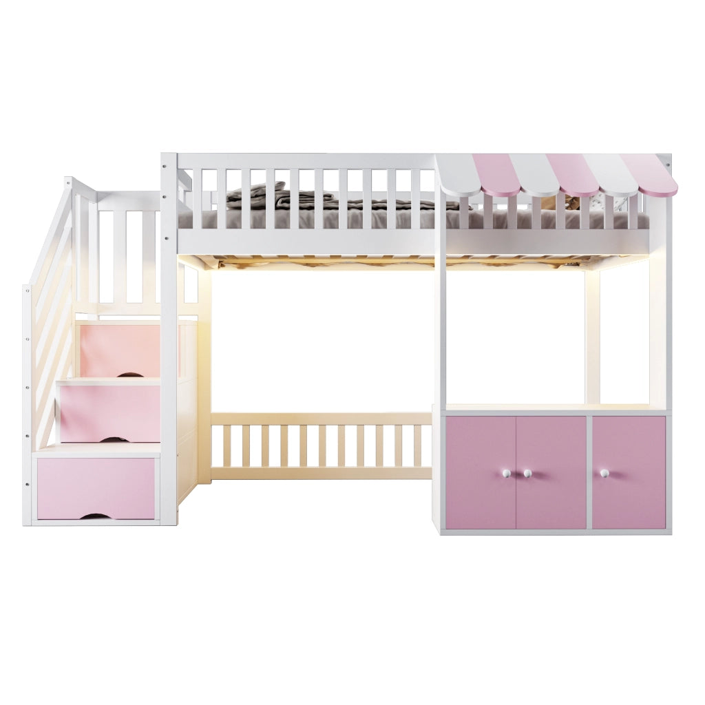 Letto a soppalco in legno con armadio e scala contenitore, 90x200 cm, rosa