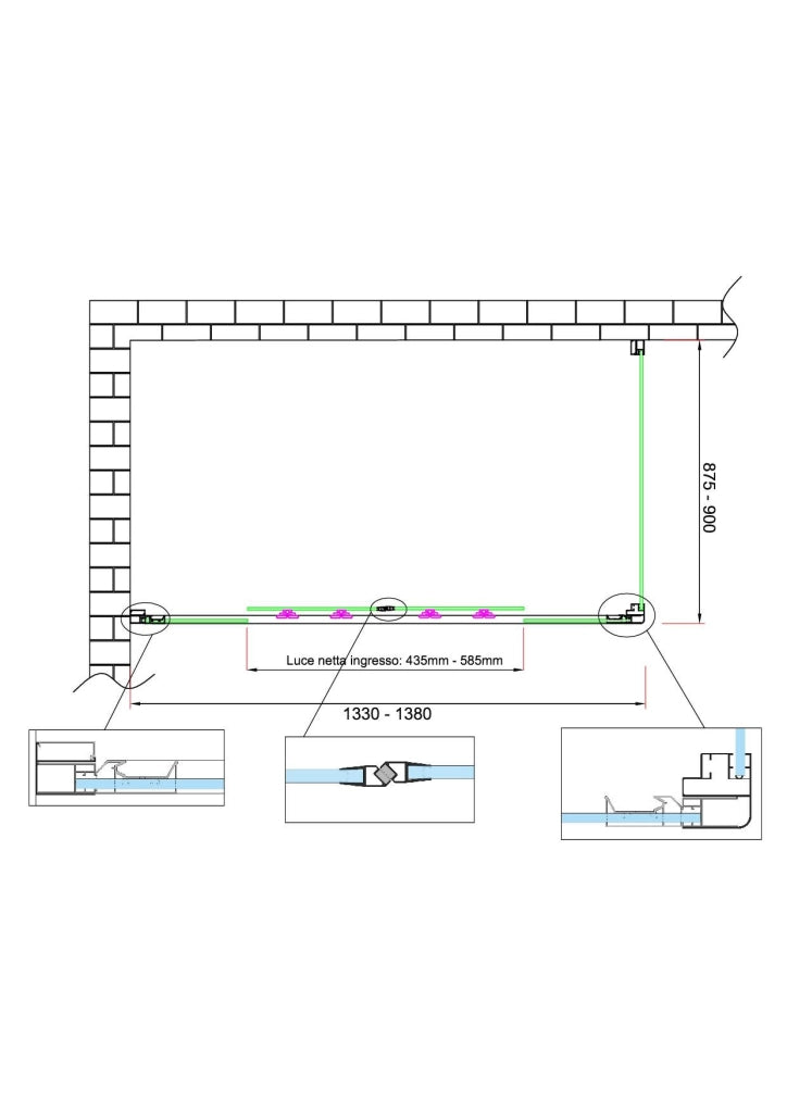 Box doccia 6 mm H 190 parete fissa e porta a 4 ante con apertura centrale MISURA 87,5-90 ANTA FISSA + PORTA 133-138