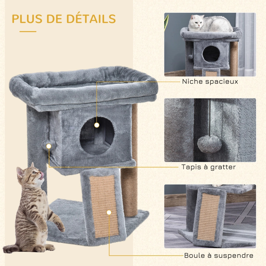 Arbre ¨¤ chat con griffoir, niche, piattaforma e palla ¨C zephmum ¨C tessuto peluche grigio chiaro 57 cm
