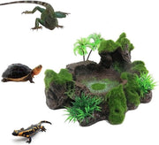 Habitat per rettili decorativo con vasca acquatica e vasca per alimentazione con piante artificiali - Sottoscala per tartarughe, lucertole, rane e serpenti (stile B)