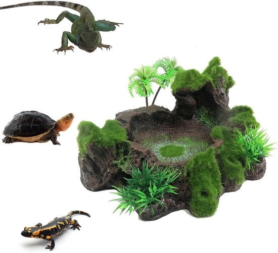 Habitat per rettili decorativo con vasca acquatica e vasca per alimentazione con piante artificiali - Sottoscala per tartarughe, lucertole, rane e serpenti (stile B)