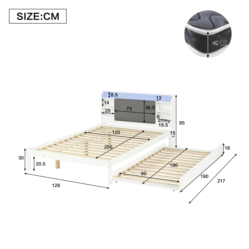 Letto Estraibile 120x200 cm e 90x190 cm - LED; Mensole e Stazione di Ricarica - Bianco