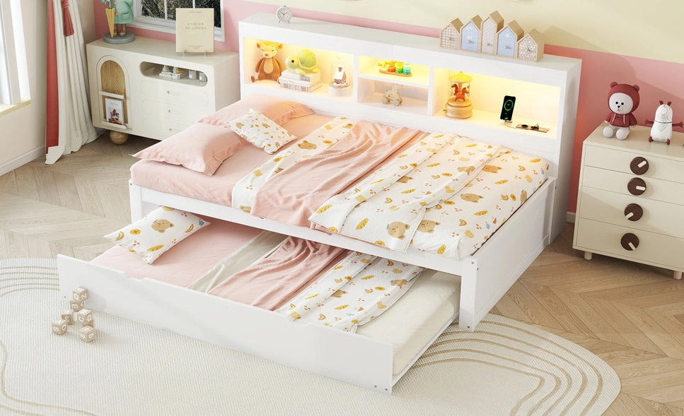 Divano letto multifunzione 90x200 cm con luce ambiente, vano laterale e letto estraibile