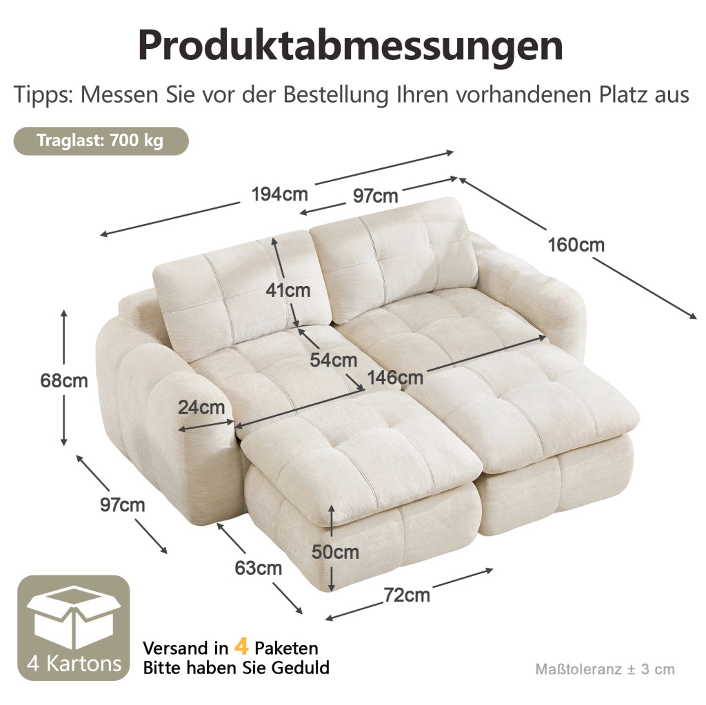 Divano modulare senza struttura 194x160x68 cm in tessuto chenille beige