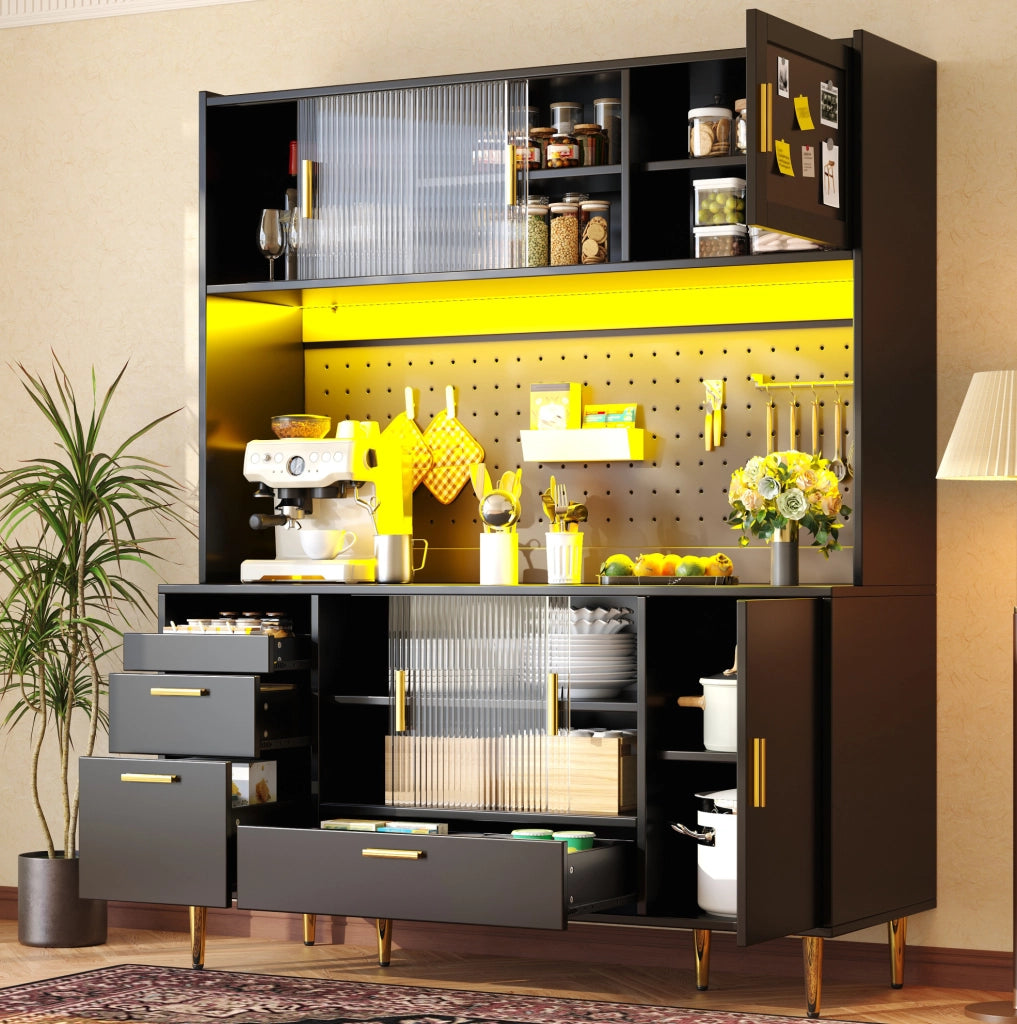 Buffet 140x40x180 cm con illuminazione LED e ante scorrevoli in vetro; MDF; nero