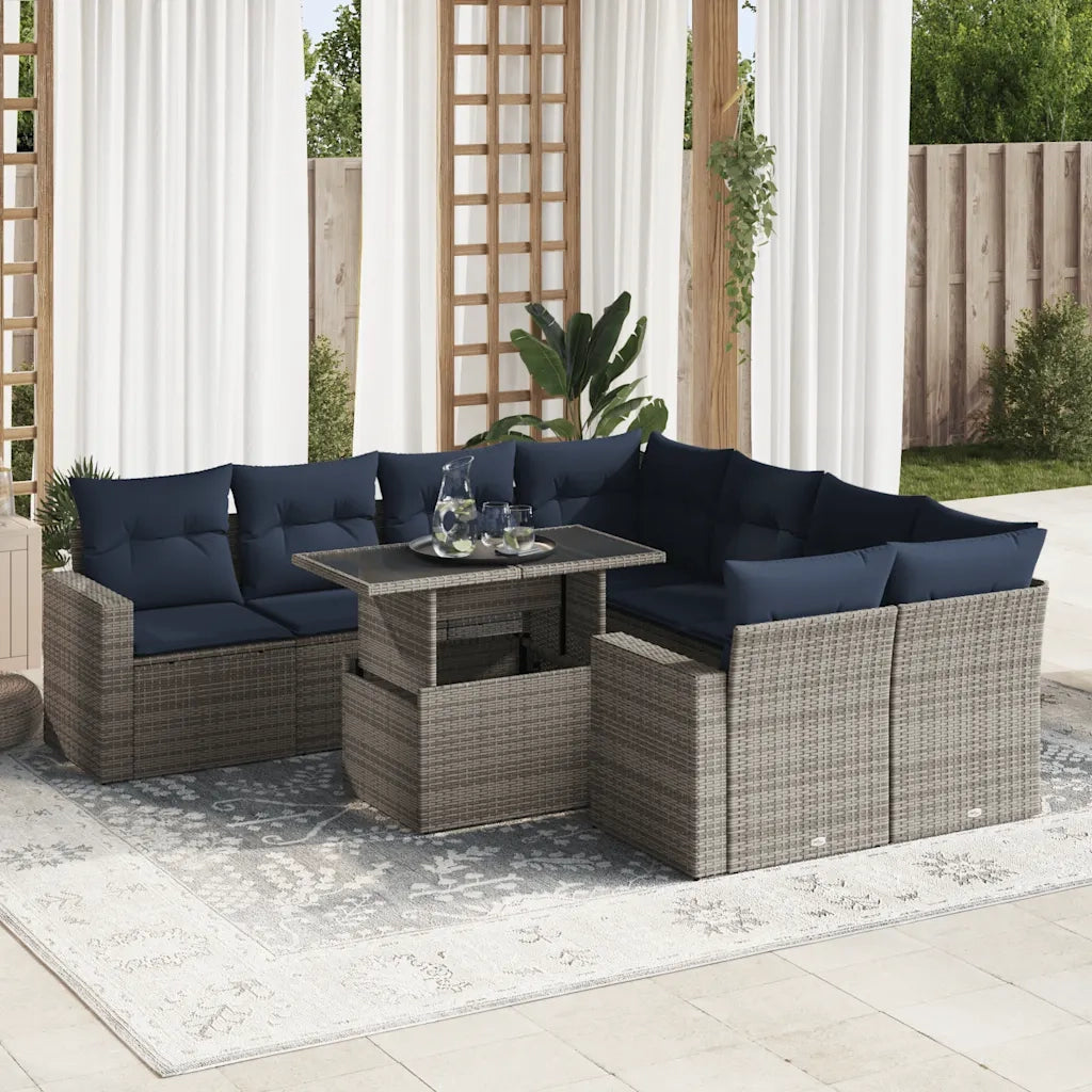Set Divano da Giardino 9pz con Cuscini Grigio Polyrattan Acacia 3326292