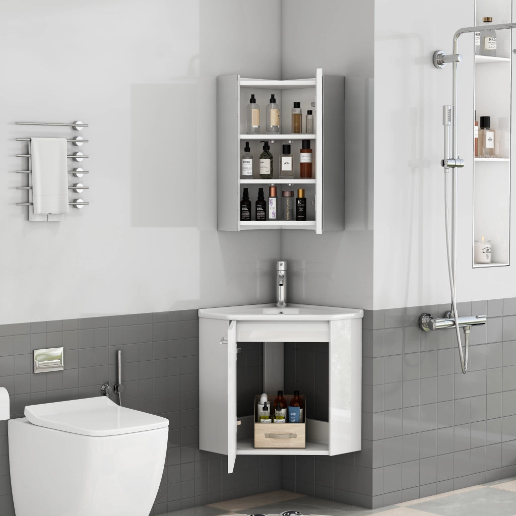 Mobile da bagno angolare con lavabo e pensile specchio - per bagno - MDF - bianco lucido