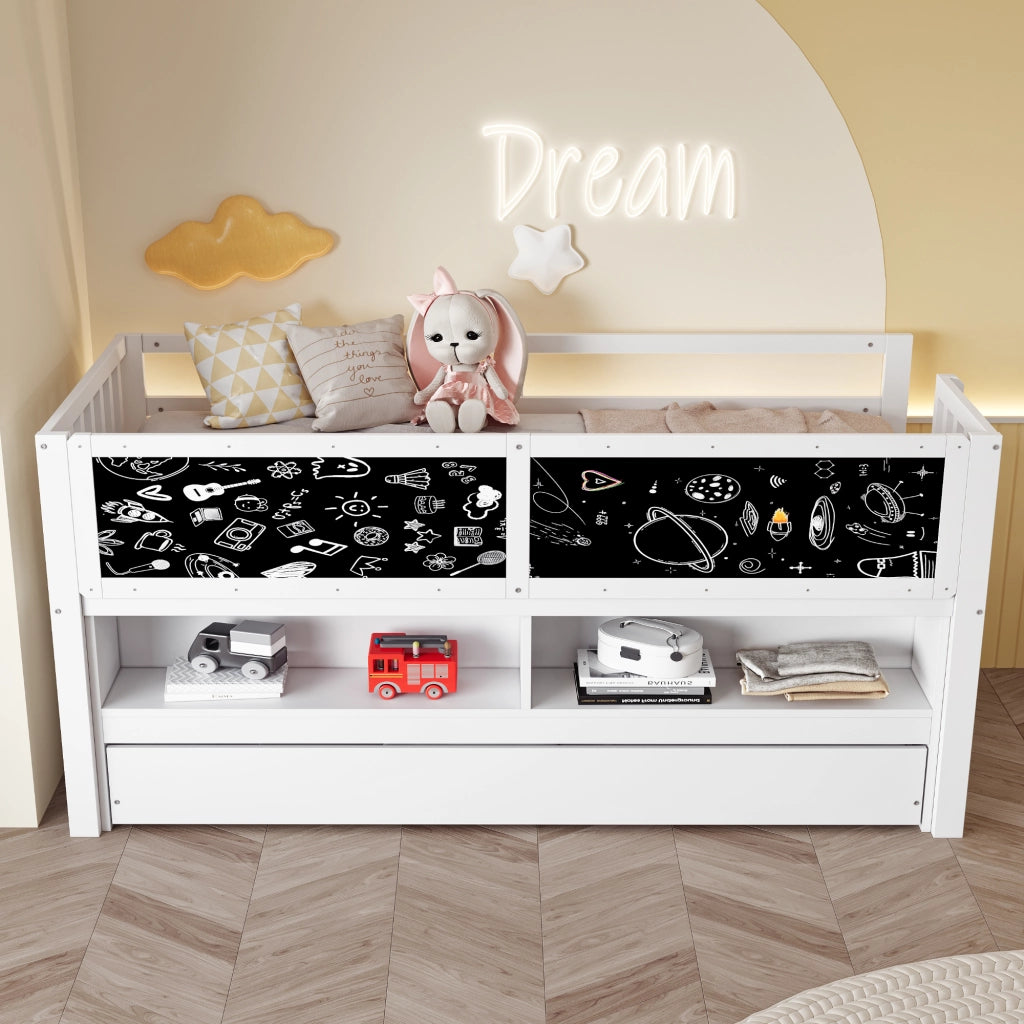 Letto estraibile per bambini 1 posto con letto estraibile, lavagna e scaffali, 90 × 200 cm, senza materasso