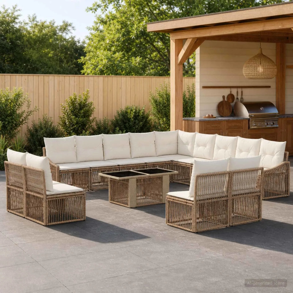 Set Divano da Giardino 14 pz Beige e Bianco Crema polyrattan 3437328