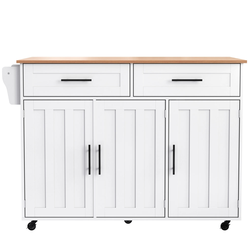 Isola da Cucina Mobile 129x46/71x91;5 cm Bianca con Piano Effetto Marmo; 2 Cassetti; Ripiani e Ruote