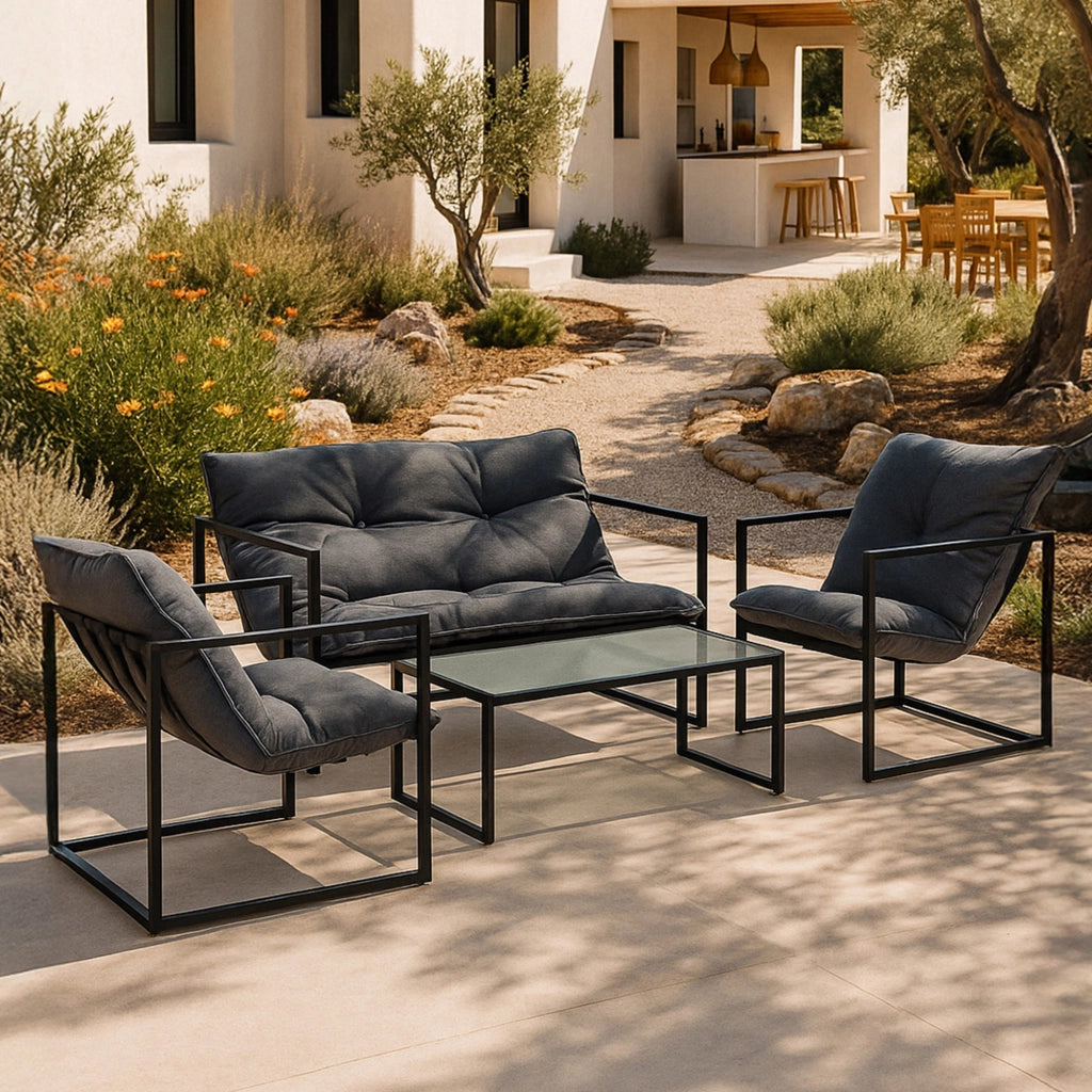 Set Salottino da Giardino Dallas con Cuscini in Olefina - Nero/Grigio casa.pro