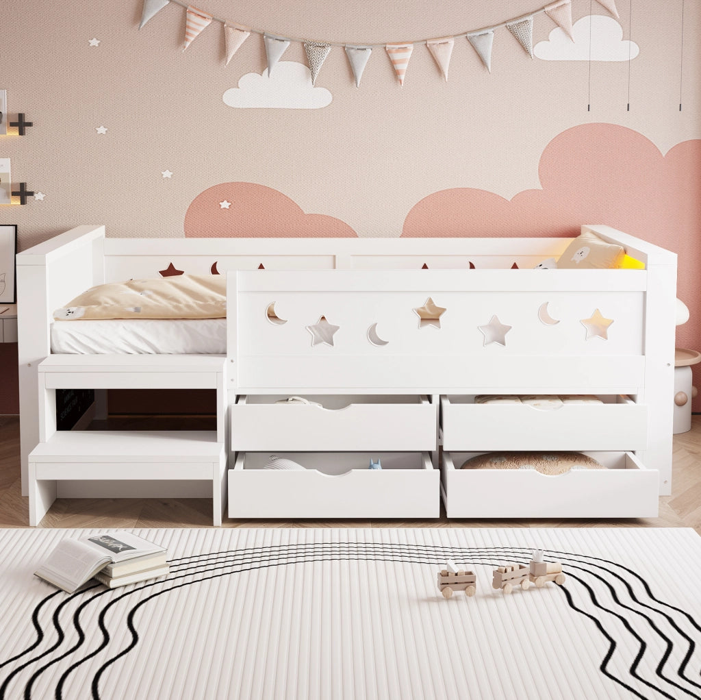 Letto multifunzionale per bambini 90 x 200 cm bianco con LED, lavagna e cassetti