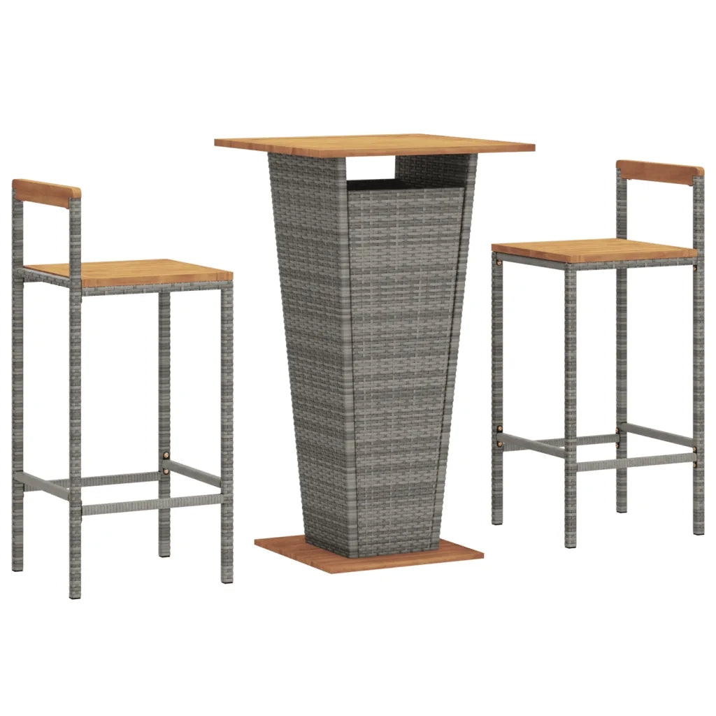 Set Bar Giardino 3pz Grigio Polyrattan e Legno Massello Acacia 3187726