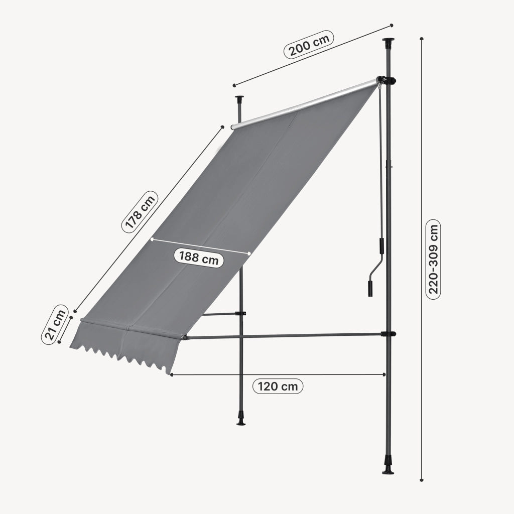 Tenda da Sole a Muro con Pali di Supporto Telescopici Parasole 200 x 120 cm (LxP) Grigio Medio pro.tec
