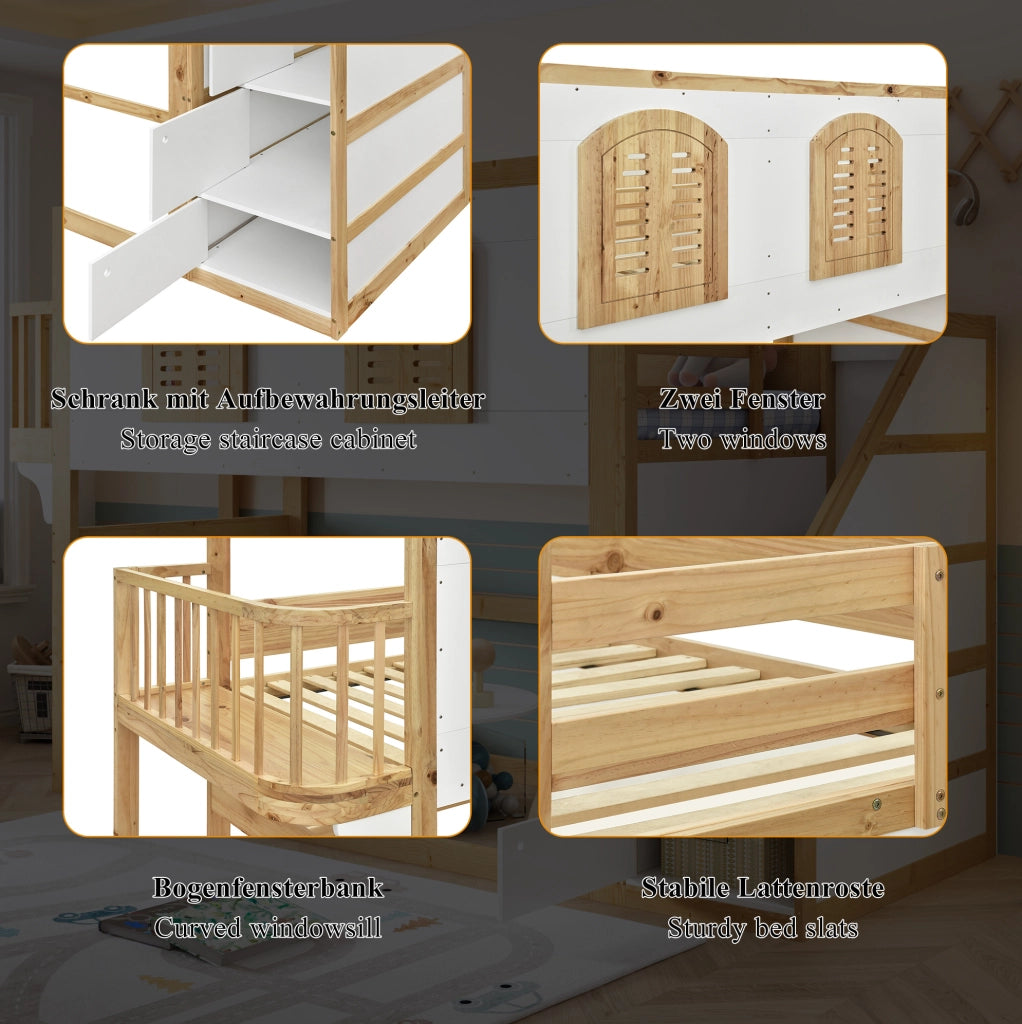 Letto a soppalco per bambini 90x200 cm bianco e naturale