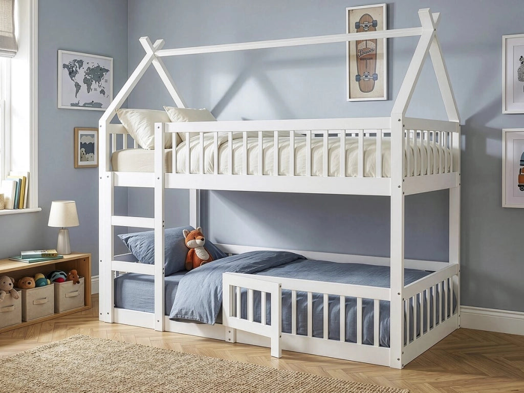 Letto a castello a forma di casetta in legno con scaletta "Laith" - 90 x 190 cm - Bianco