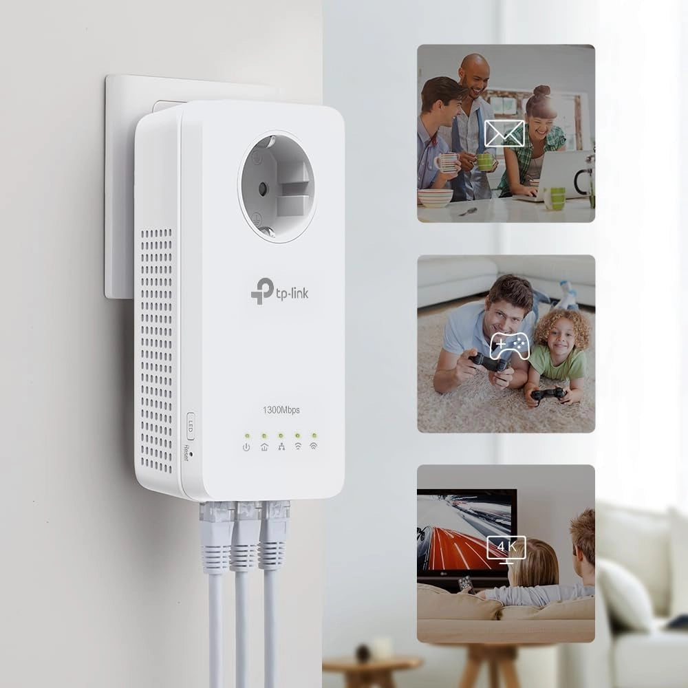 Tp-Link Tl-Wpa8631P Kit Powerline Wifi, Av1300 Mbps Su Powerline, Ac1200 Mbps Su Wifi Dual Band, 3 Porte Gigabit, Plug And Play, AV1300 Wi-Fi AC1200 con presa, Bianco