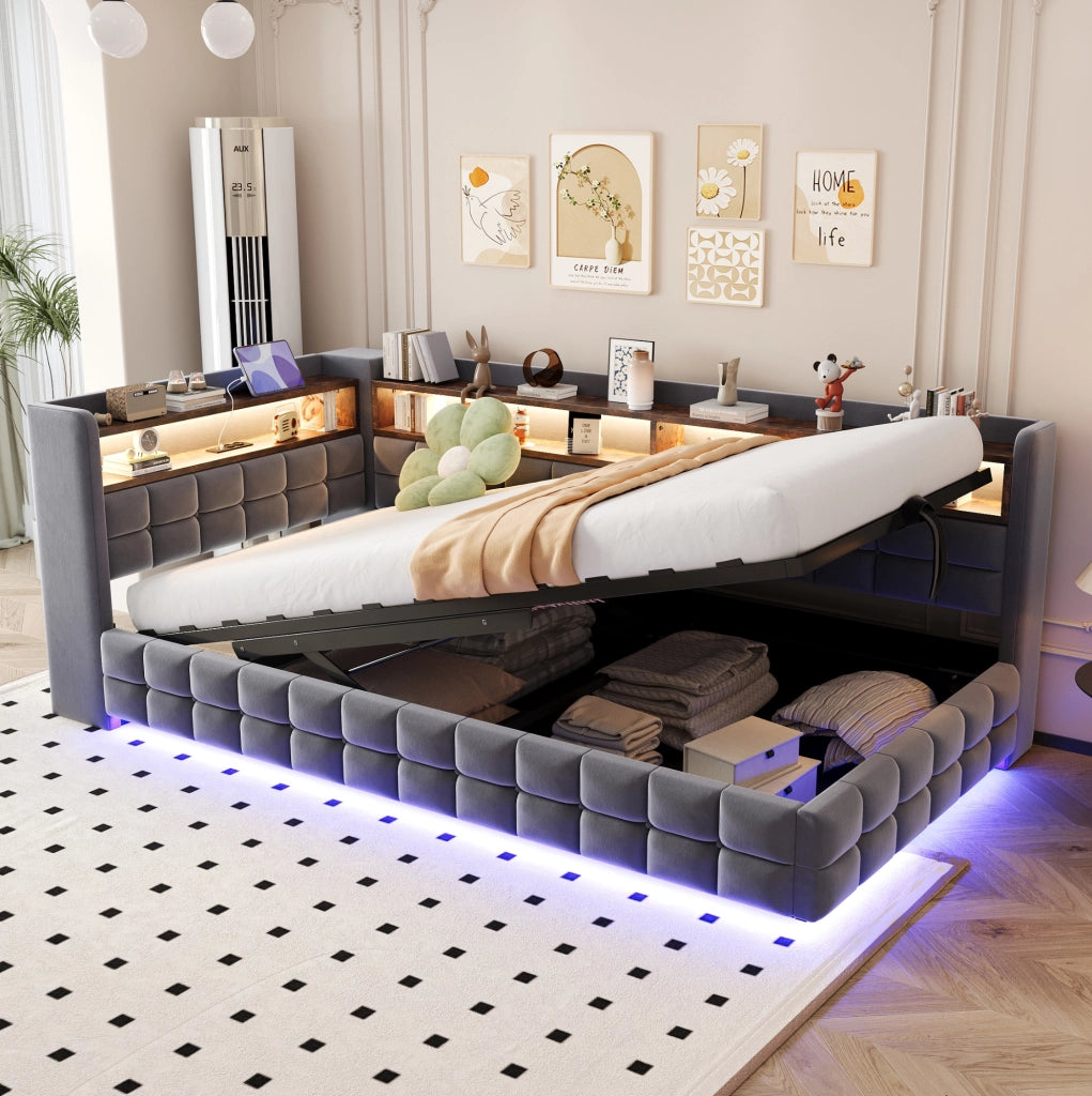Divano letto imbottito 90x200 cm grigio con LED e ricarica USB