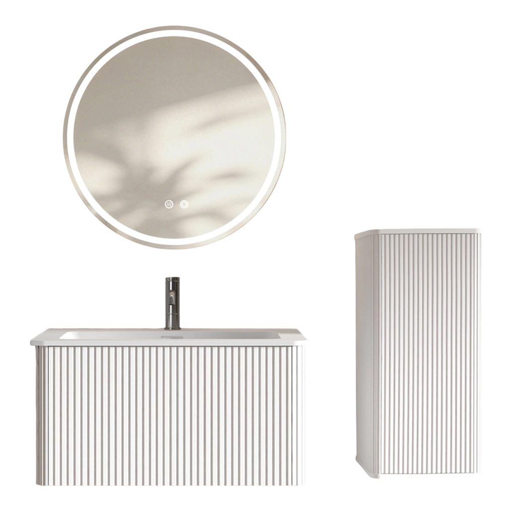 Mobile bagno con lavabo; specchio LED e colonna laterale; mobile sospeso con vano contenitore per bagno; bianco