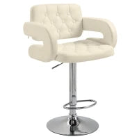 Sgabello da Bar Alto con Schienale e Braccioli, Sgabello da Cucina Moderno Girevole con Altezza Regolabile e Poggiapiedi, in Finta Pelle, 61x50x94-114cm, Bianco